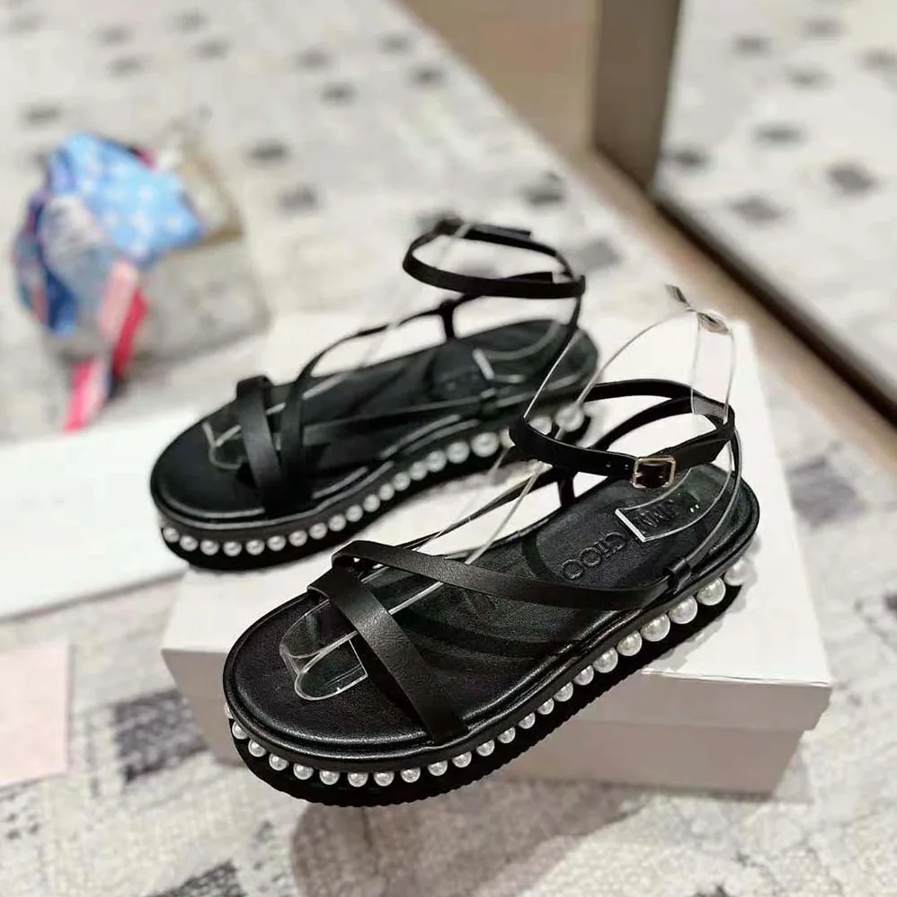 Jimmy Choo Pine Flat Black Vachetta Leather Platform Sandals with Pearl Embellishment for Women