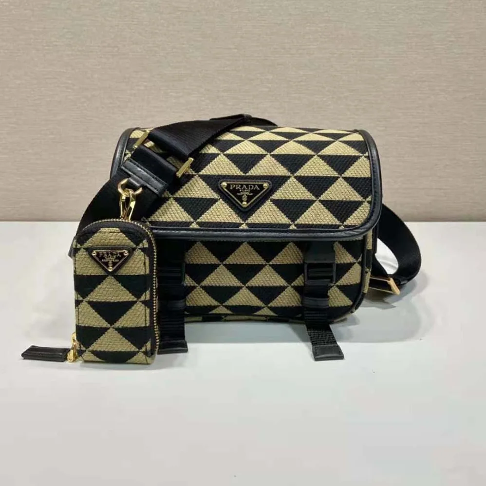 Prada Symbole Embroidered Fabric Bag for Men in Black/Beige Prada Symbole Embroidered Fabric Bag for Men in Black/Beige