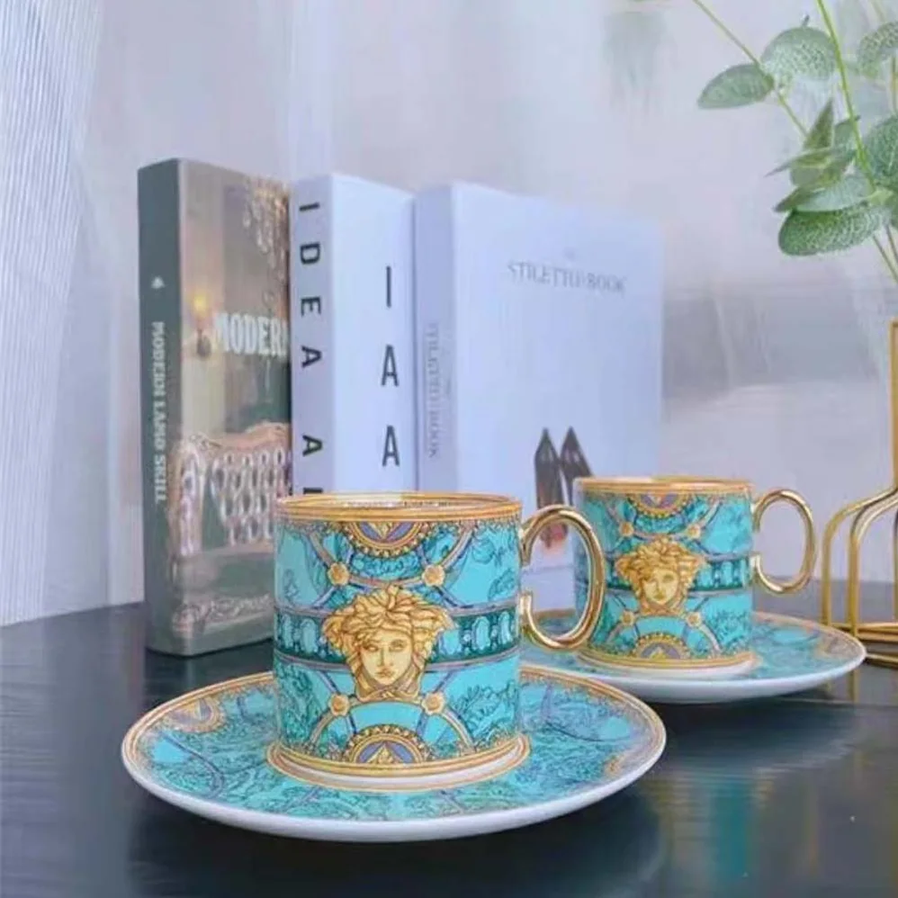 Versace Scala Del Palazzo Coffee Set Includes A Coffee Cup with Handle and A Matching Saucer for Unisex in Blue