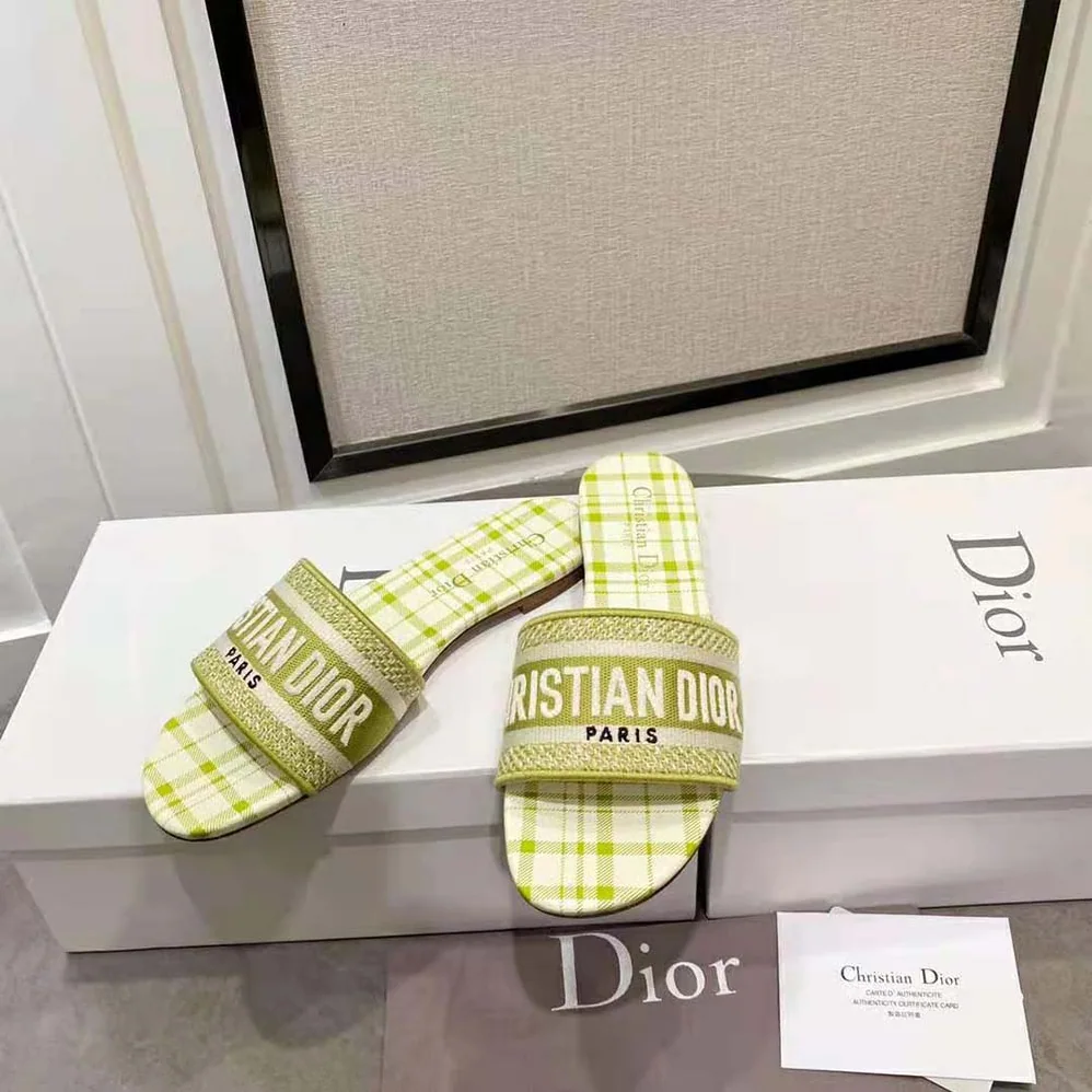 Dior Dway Slide Lime Check n Dior Embroidered Cotton for Women