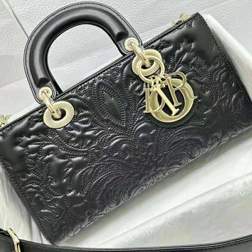 Dior Medium Lady D-joy Bag Black Quilted-Effect Lambskin with Ornamental Motif for Women