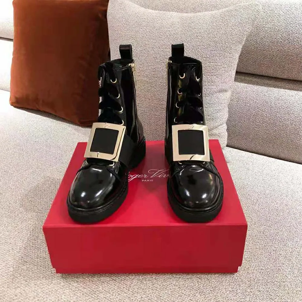 Roger Vivier Viv' Rangers Metal Buckle Ankle Boots in 1.5cm Heel for Women in Black