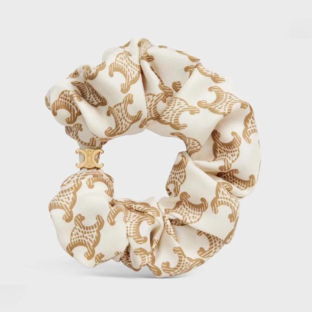 Celine Scrunchy Celine Triomphe Monogram Bracelet in Brass with Gold Finish and White Silk for Women Celine Scrunchy Celine Triomphe Monogram Bracelet in Brass with Gold Finish and White Silk for Women