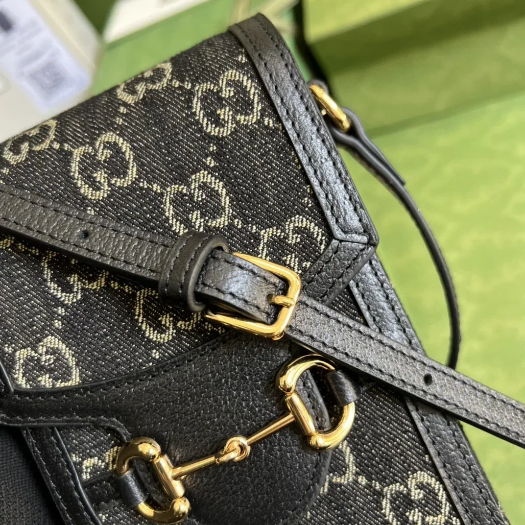 Gucci Horsebit 1955 Mini Bag Black And Ivory GG Denim Jacquard /