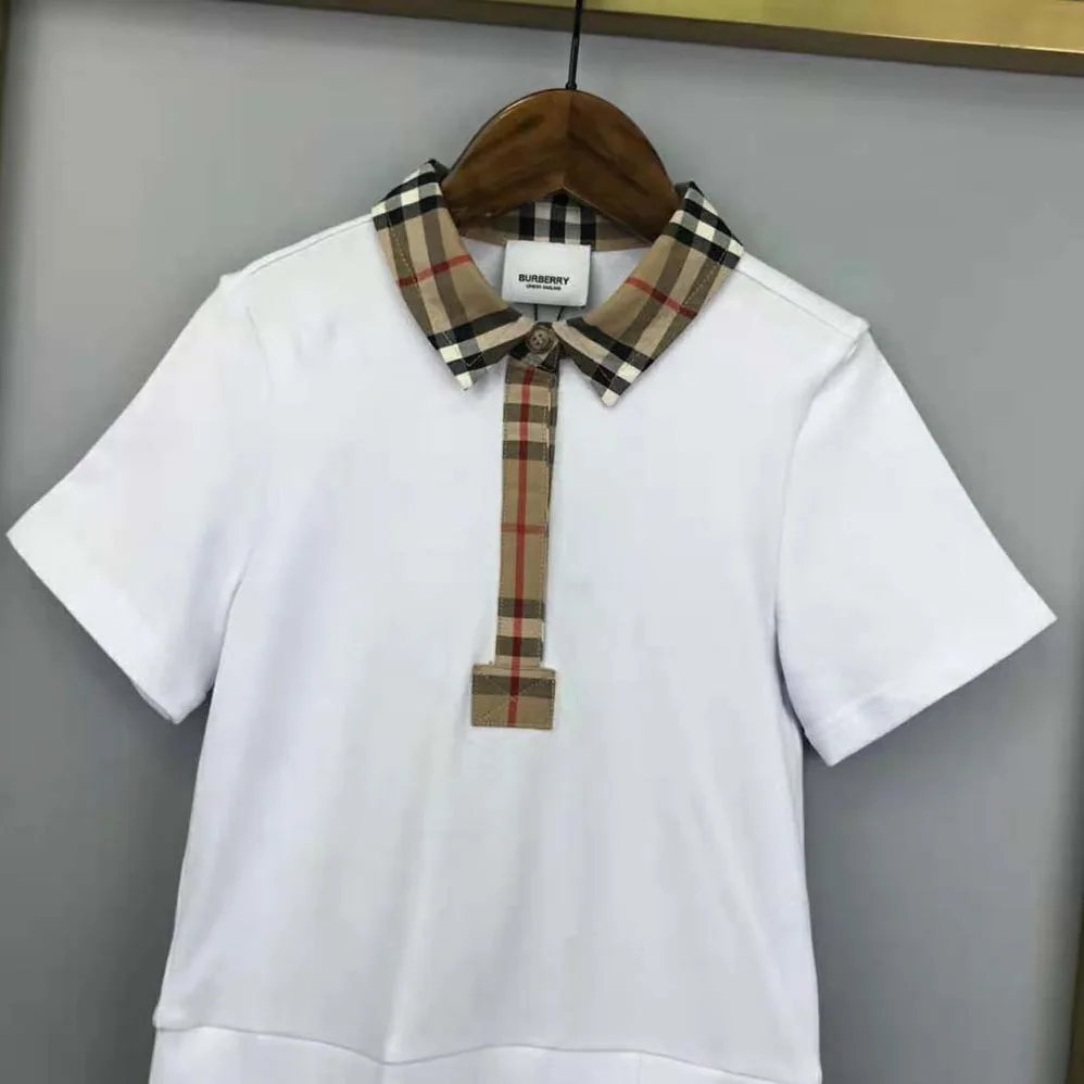 Burberry Girls' Vintage Check Trim Cotton Piqué Polo Shirt Dress in White Burberry Girls' Vintage Check Trim Cotton Piqué Polo Shirt Dress in White