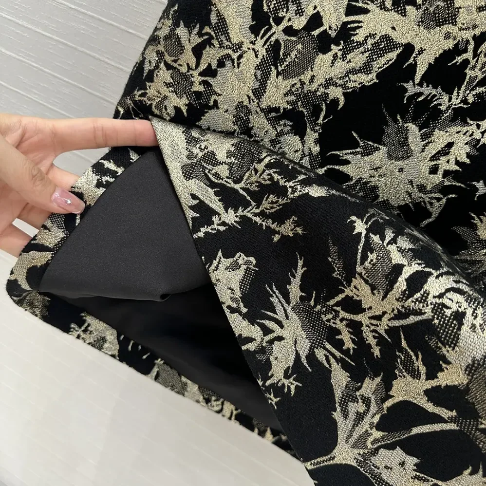 Dior Mid-Length Straight Skirt Black Technical Fabric with Gold for Women in Tone Dior Chardons Motif