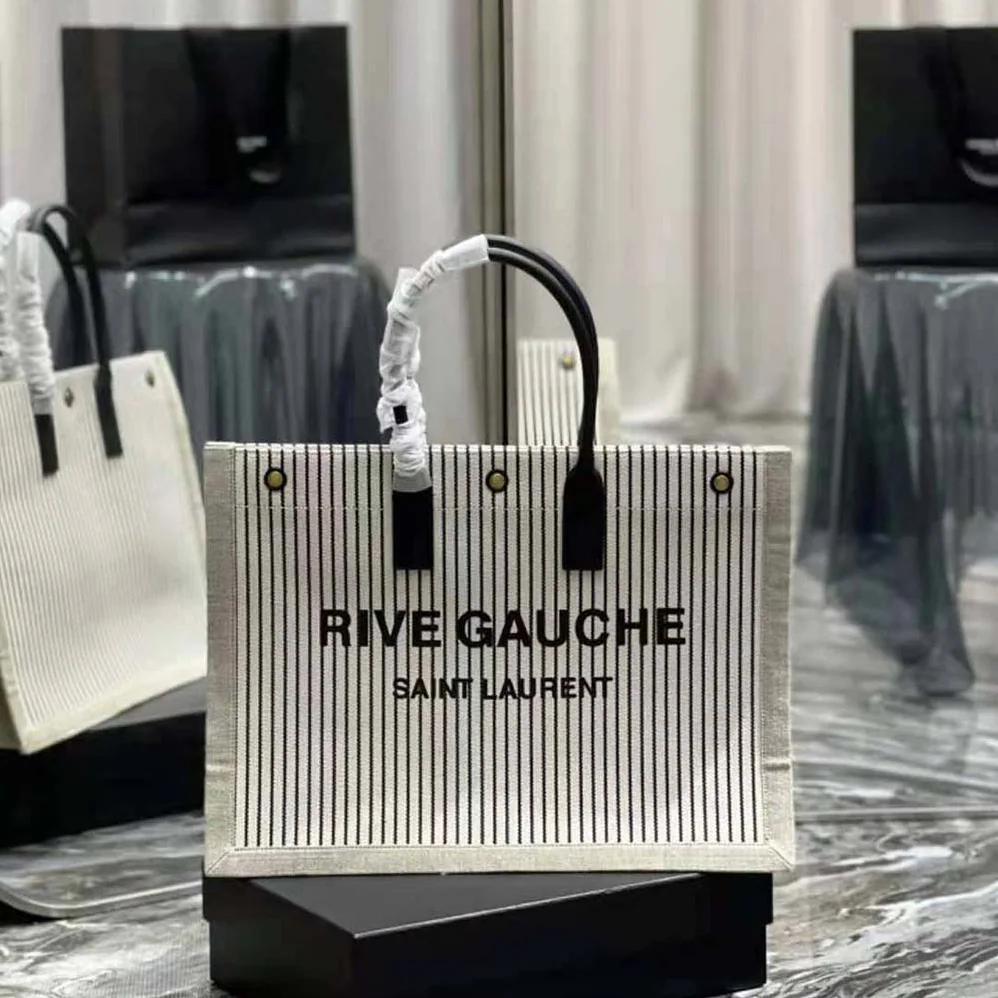 Saint Laurent YSL Rive Gauche Tote Bag in Linen and Smooth Leather for Women Saint Laurent YSL Rive Gauche Tote Bag in Linen and Smooth Leather for Women