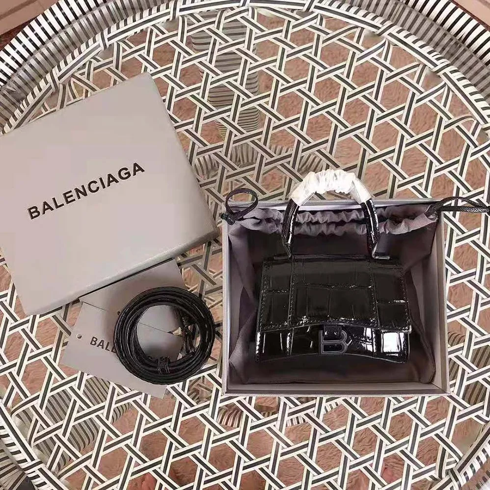 Balenciaga Hourglass Mini Top Handle in Black Shiny Crocodile Embossed Calfskin for Women Balenciaga Hourglass Mini Top Handle in Black Shiny Crocodile Embossed Calfskin for Women