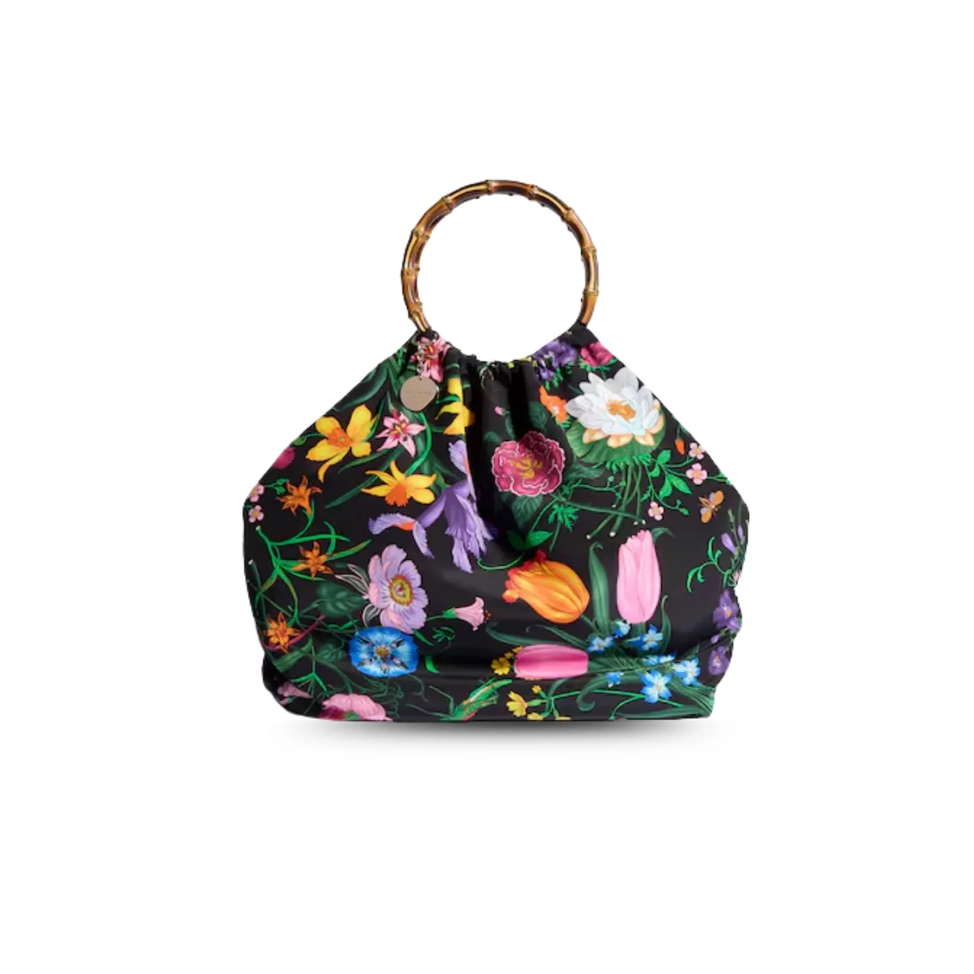 Gucci Silk Maxi With Bamboo Handle Tote Bag in Black/ Multicolor Gold Hardware