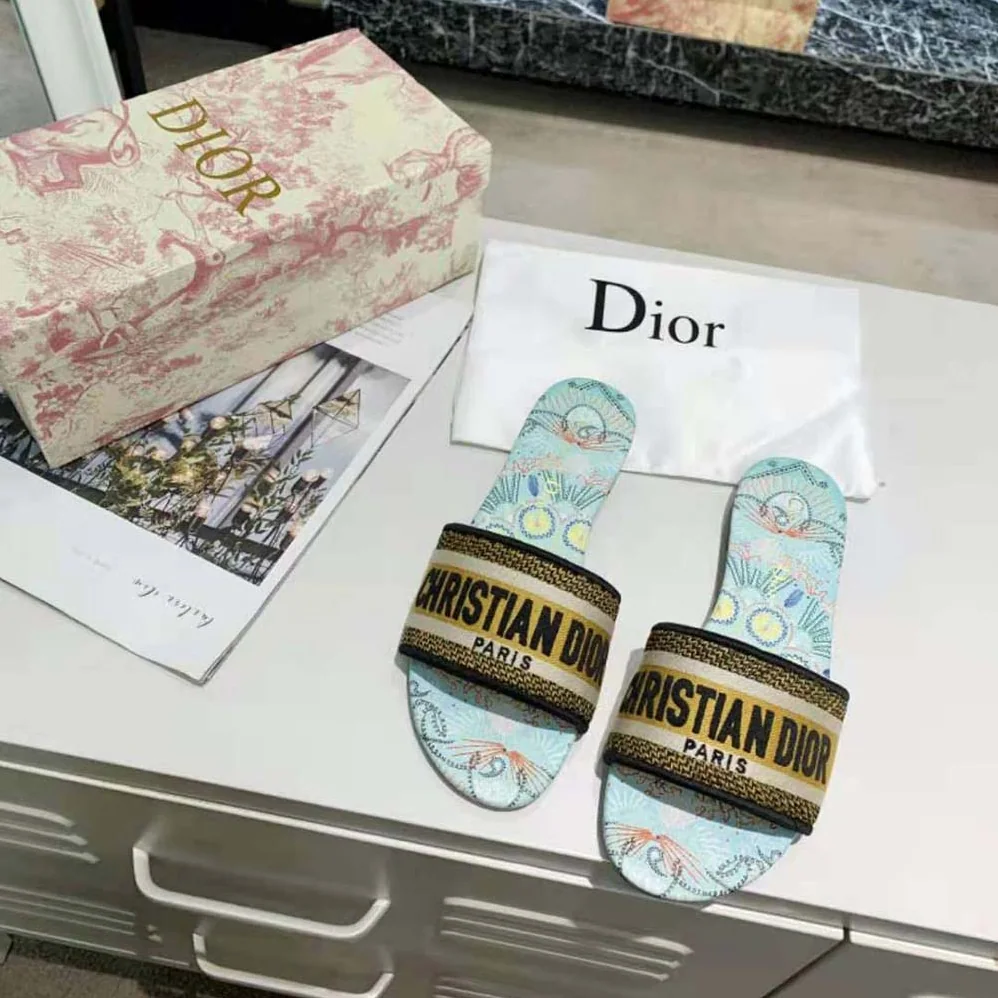 Dior Dway Slide Multicolor Embroidered Cotton for Women in Blue