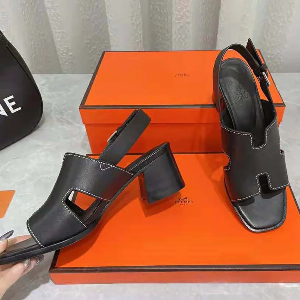 Hermes Elbe 60 Sandal in Calfskin with H Cut-Out Detail for Women in Black Hermes Elbe 60 Sandal in Calfskin with H Cut-Out Detail for Women in Black