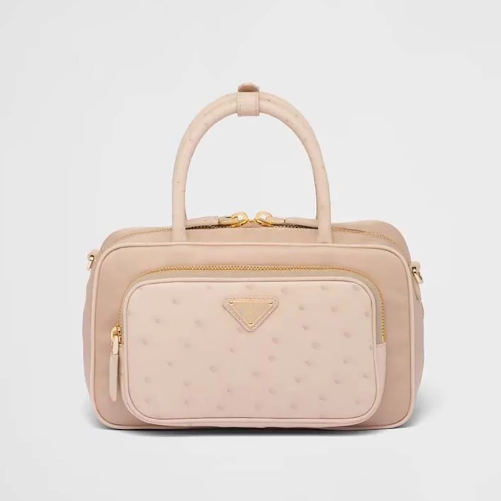 Prada Re-Nylon and Ostrich Leather Two-handle Bag for Women in Pink