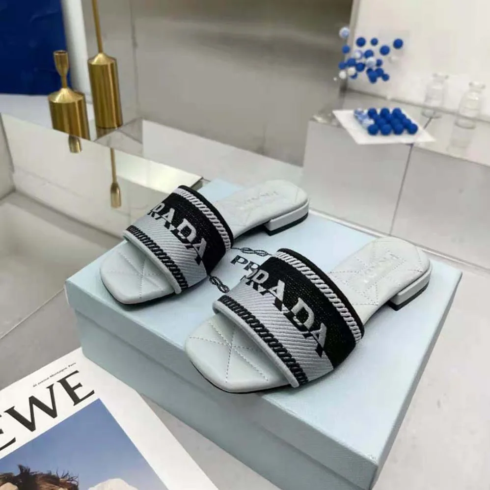 Prada Embroidered Fabric Slides for Women in Blue