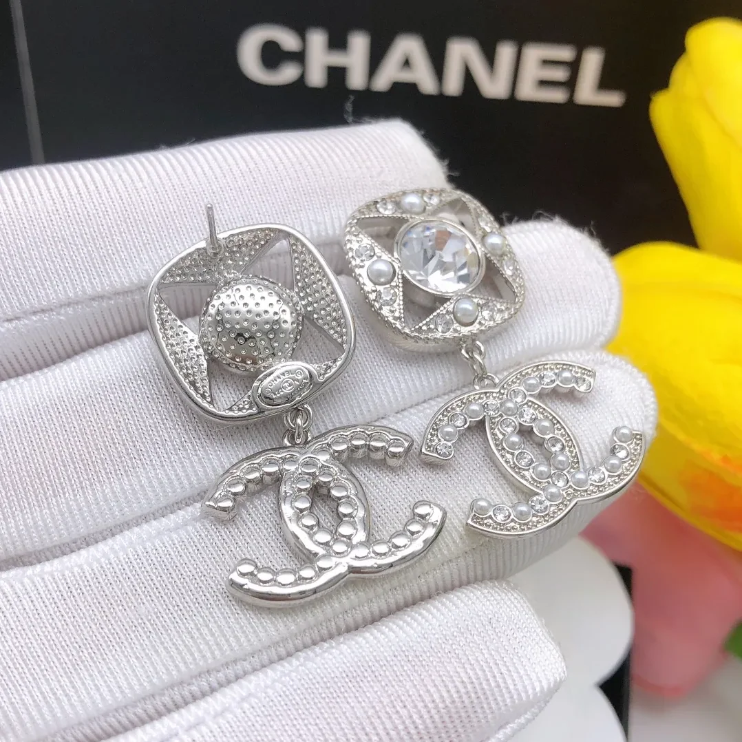 Chanel Square Double C Stud Earrings White