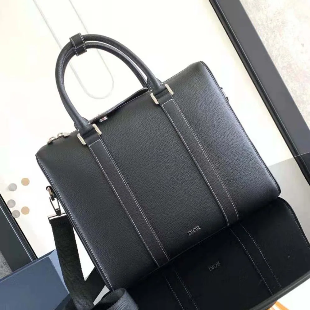 Dior Lingot Briefcase Black Grained Calfskin for Men