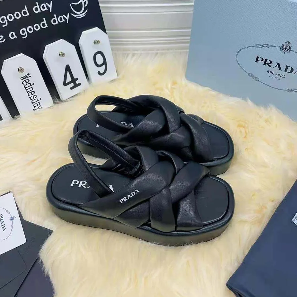 Prada Nappa Leather Flatform Sandals for Women in Black Prada Nappa Leather Flatform Sandals for Women in Black