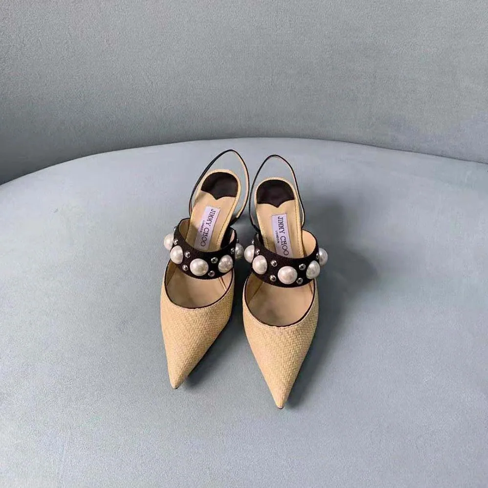 Jimmy Choo Breslin 100 Natural Raffia Slingbacks with Pearl and Stud Embellishment for Women