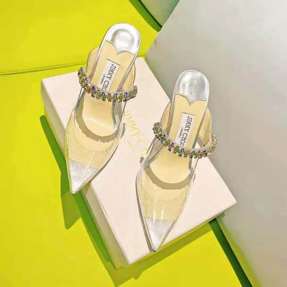 Jimmy Choo Bing 100 Clear Plexi Mules with Multicoloured Crystal Strap for Women Jimmy Choo Bing 100 Clear Plexi Mules with Multicoloured Crystal Strap for Women