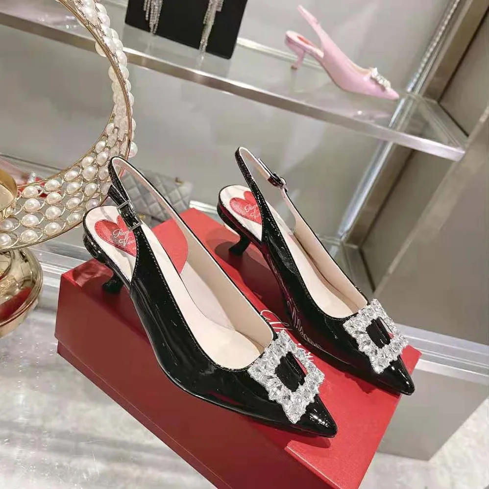 Roger Vivier Virgule Strass Buckle Slingback Pumps in Patent Leather for Women in Black Roger Vivier Virgule Strass Buckle Slingback Pumps in Patent Leather for Women in Black