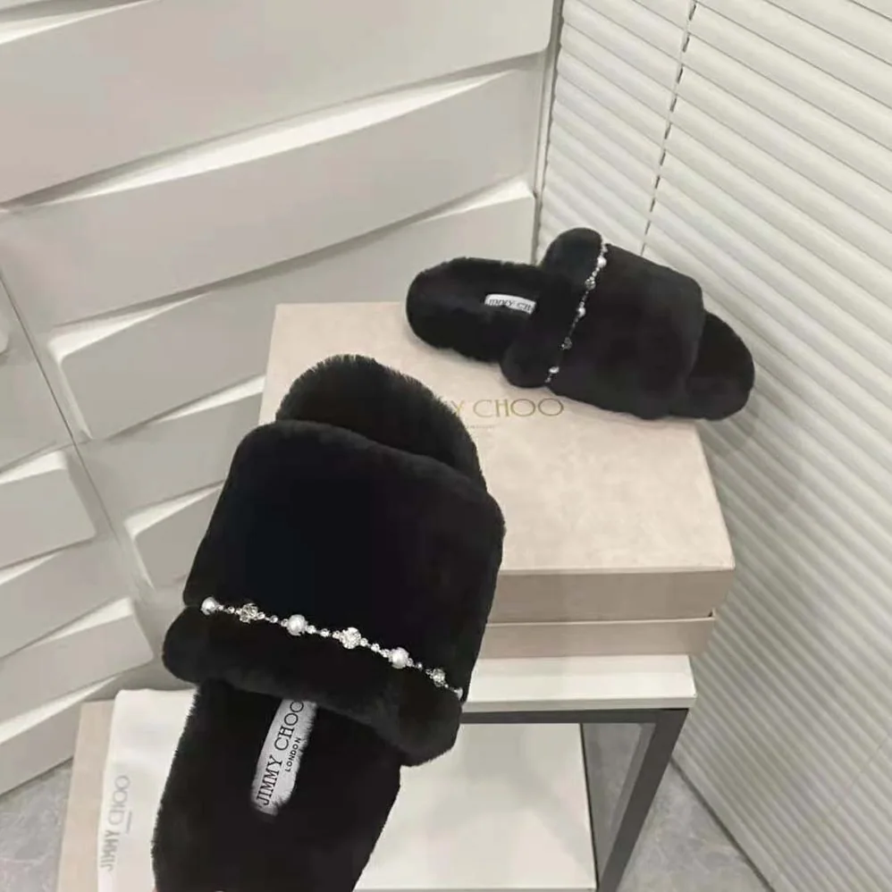 Jimmy Choo Acinda Slipper Black Shearling Slippers with Crystal and Pearl Detailing for Women