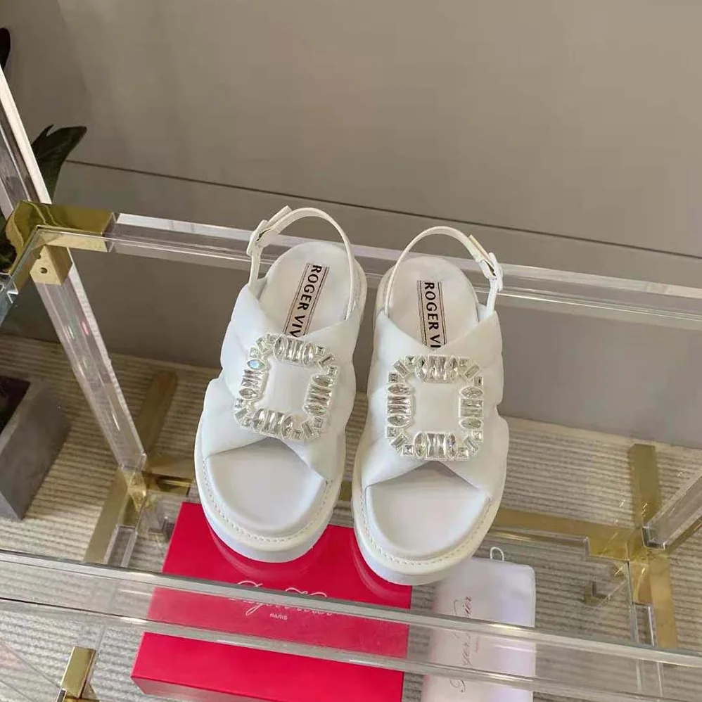 Roger Vivier Viv Winter Strass Buckle Sandals in Technical Fabrics for Women in White Roger Vivier Viv Winter Strass Buckle Sandals in Technical Fabrics for Women in White