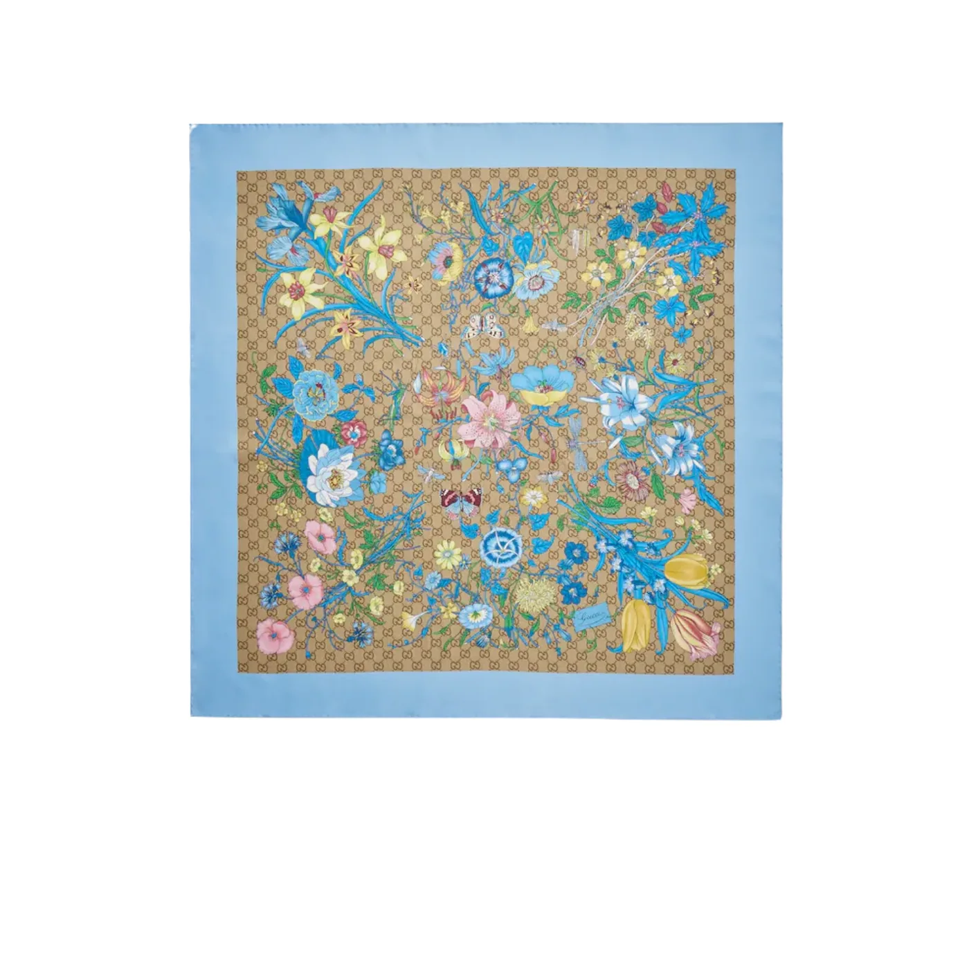 Gucci Printed GG Silk Twill Carre Scarf Light Blue in Multicolor