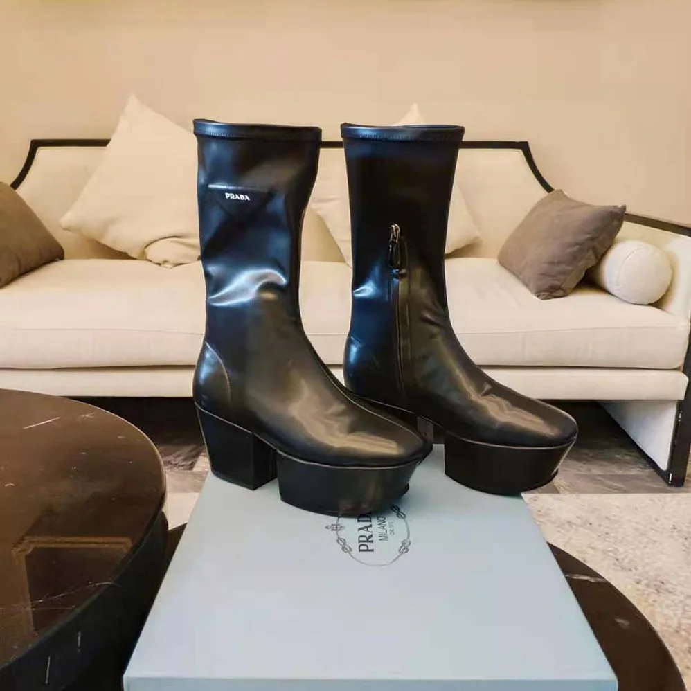 Prada Technical Nappa Leather Platform Boots for Women in Black Prada Technical Nappa Leather Platform Boots for Women in Black