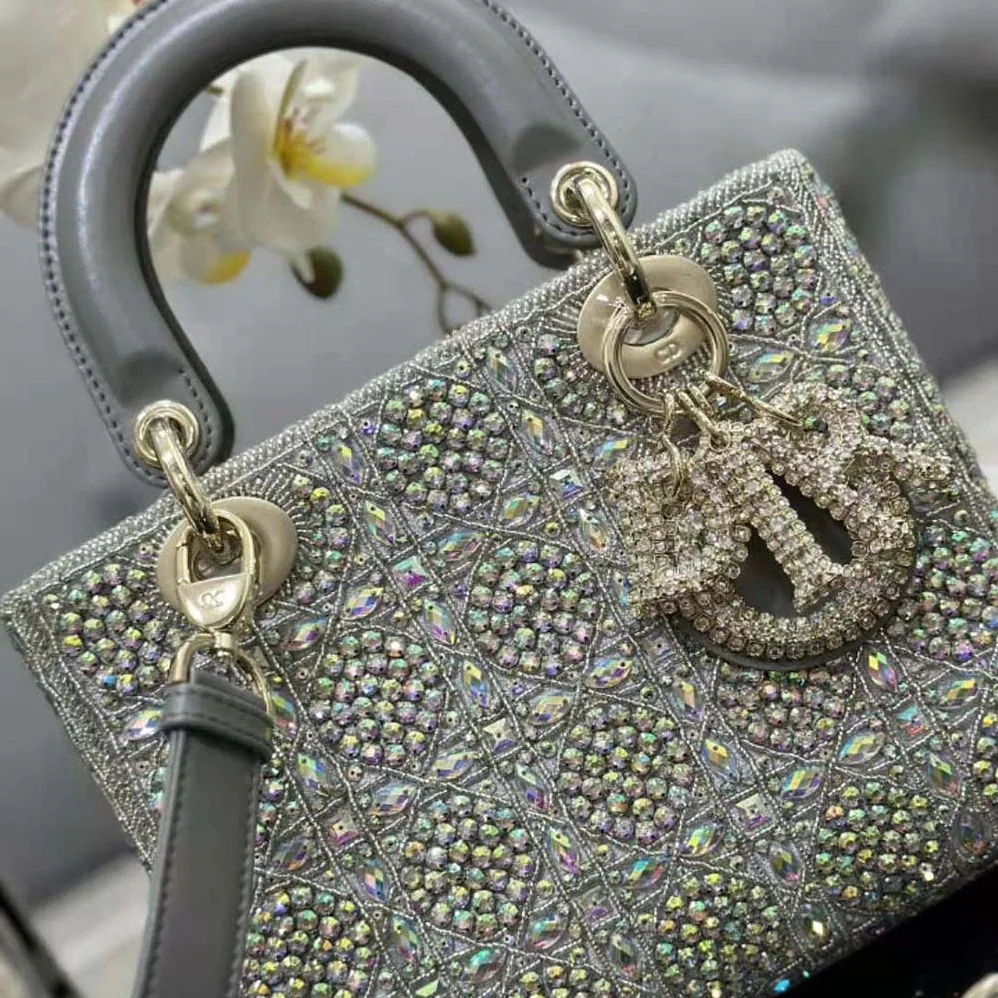 Dior Small Lady Dior Bag Gray Smooth Calfskin and Satin with Bead Embroidery for Women