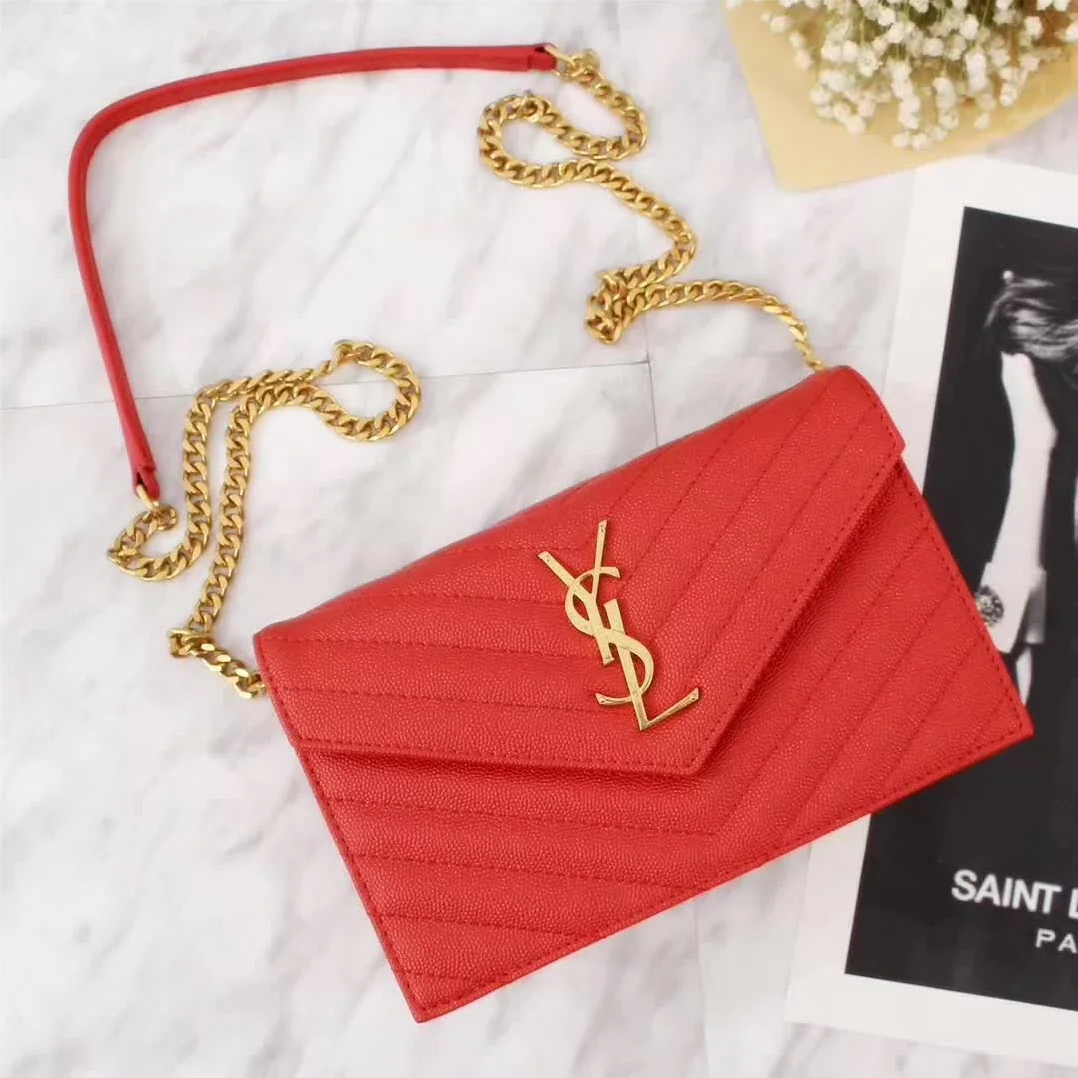Saint Laurent YSL Medium Monogram Envelope Chain Wallet Gold Hardware in Red