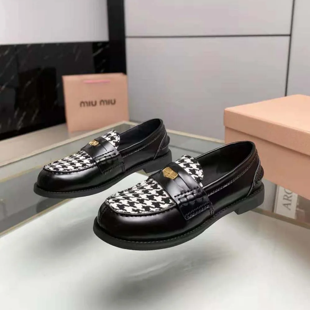 Miu Miu Brushed Leather and Gingham Check Fabric Loafers for Women