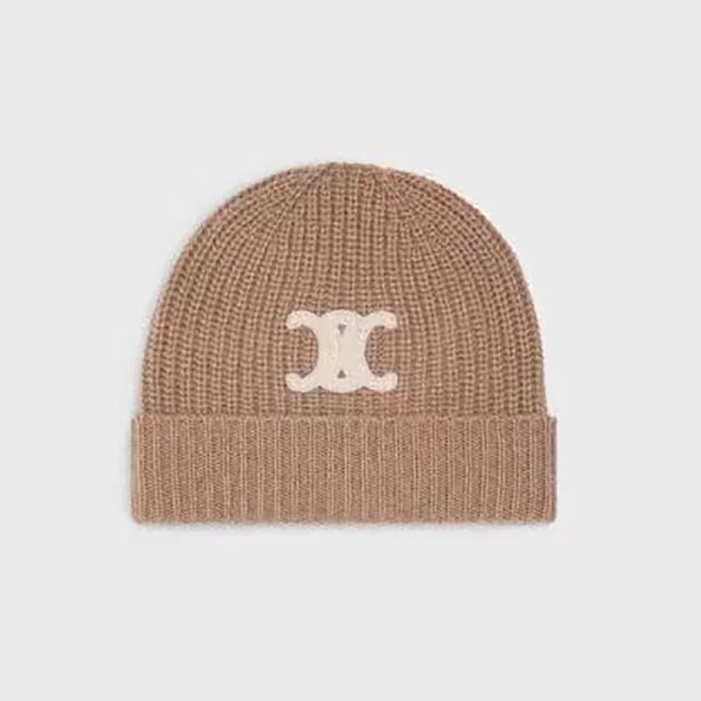 Celine Triomphe Embroidered Beanie in Seamless Cashmere for Women in Sandy