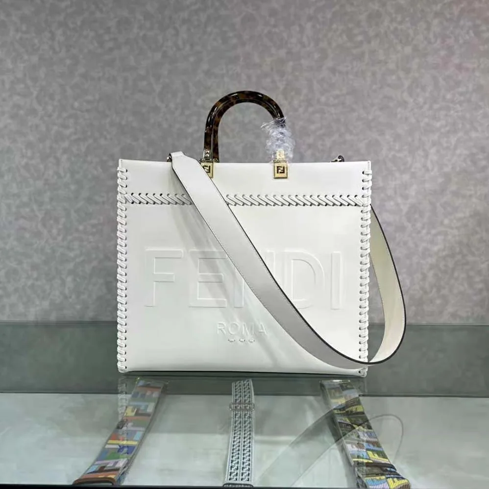 Fendi Sunshine Medium White Leather Shopper with Decorative Stitching for Women Fendi Sunshine Medium White Leather Shopper with Decorative Stitching for Women