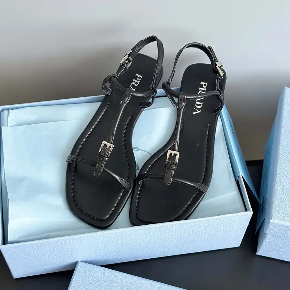 Prada Flat Leather Sandals for Women in Black Prada Flat Leather Sandals for Women in Black