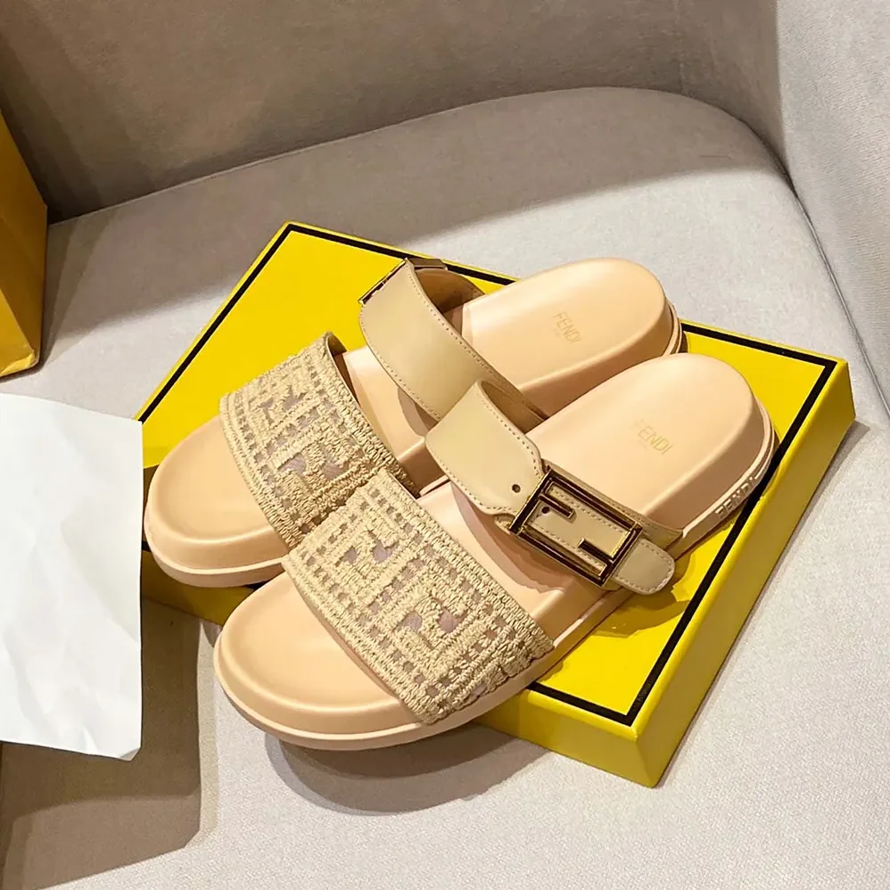 Fendi Feel Mesh Slides with Raffia FF Embroidery for Women