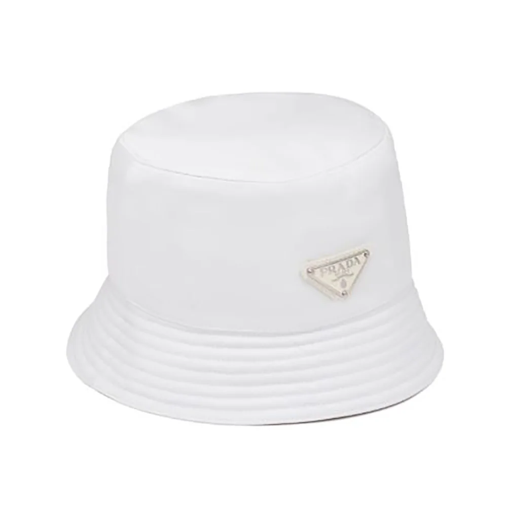 Prada Nylon Bucket Hat Decorated with the Triangle Logo for Women in White Prada Nylon Bucket Hat Decorated with the Triangle Logo for Women in White
