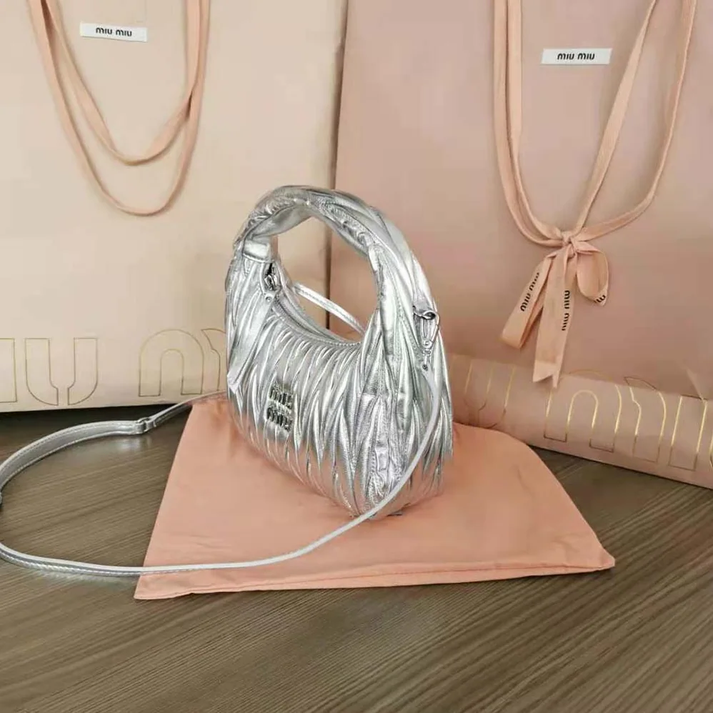 Miu Miu Wander Matelassé Nappa Leather Hobo Mini-Bag for Women in Silver