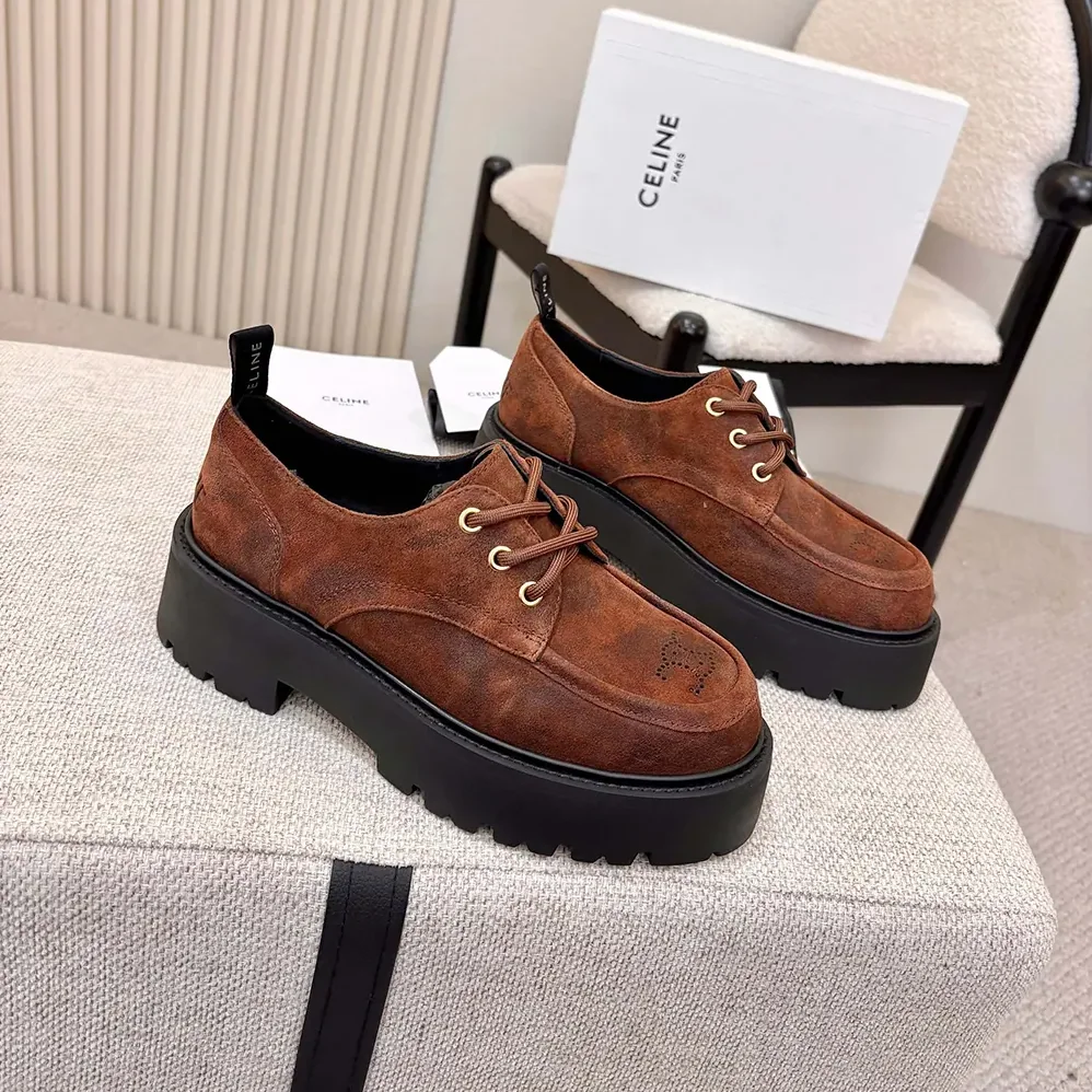 Celine Triomphe Derbies in Waxed Suede Calfskin for Women in Brown