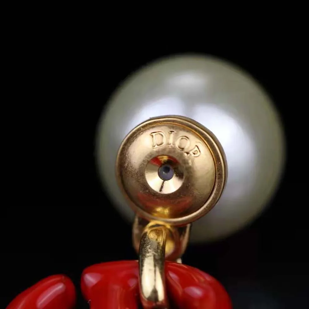 Dior Tribales Earrings Gold-Finish Metal and White Resin Pearls with Raspberry Lacquer for Women