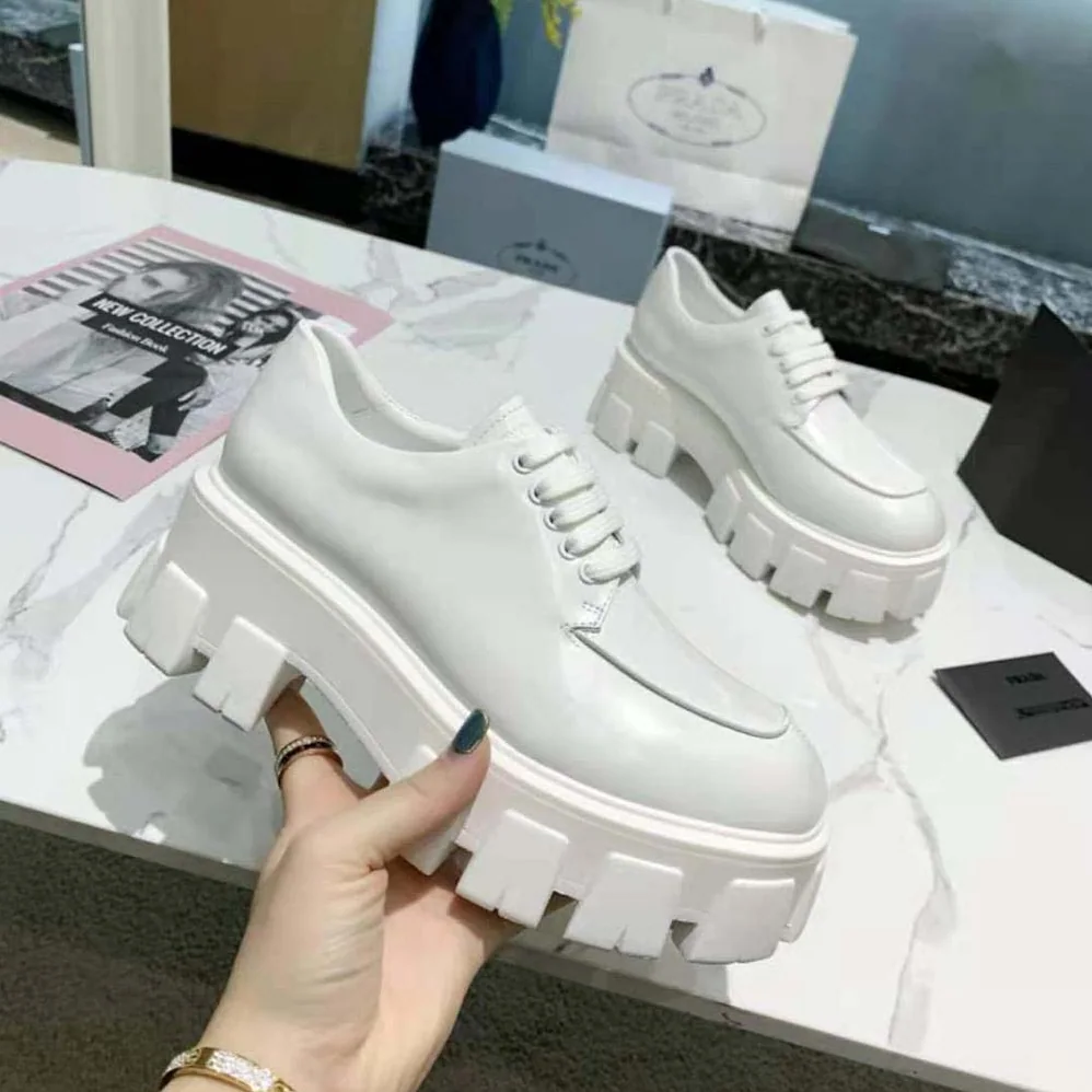 Prada Monolith Brushed Leather Lace-up Shoes for Women in White Prada Monolith Brushed Leather Lace-up Shoes for Women in White