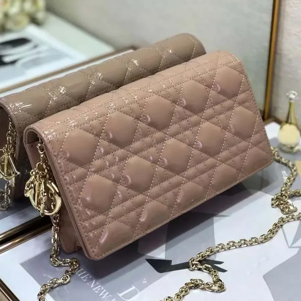 Dior Lady Dior Pouch Patent Cannage Calfskin in Sandy