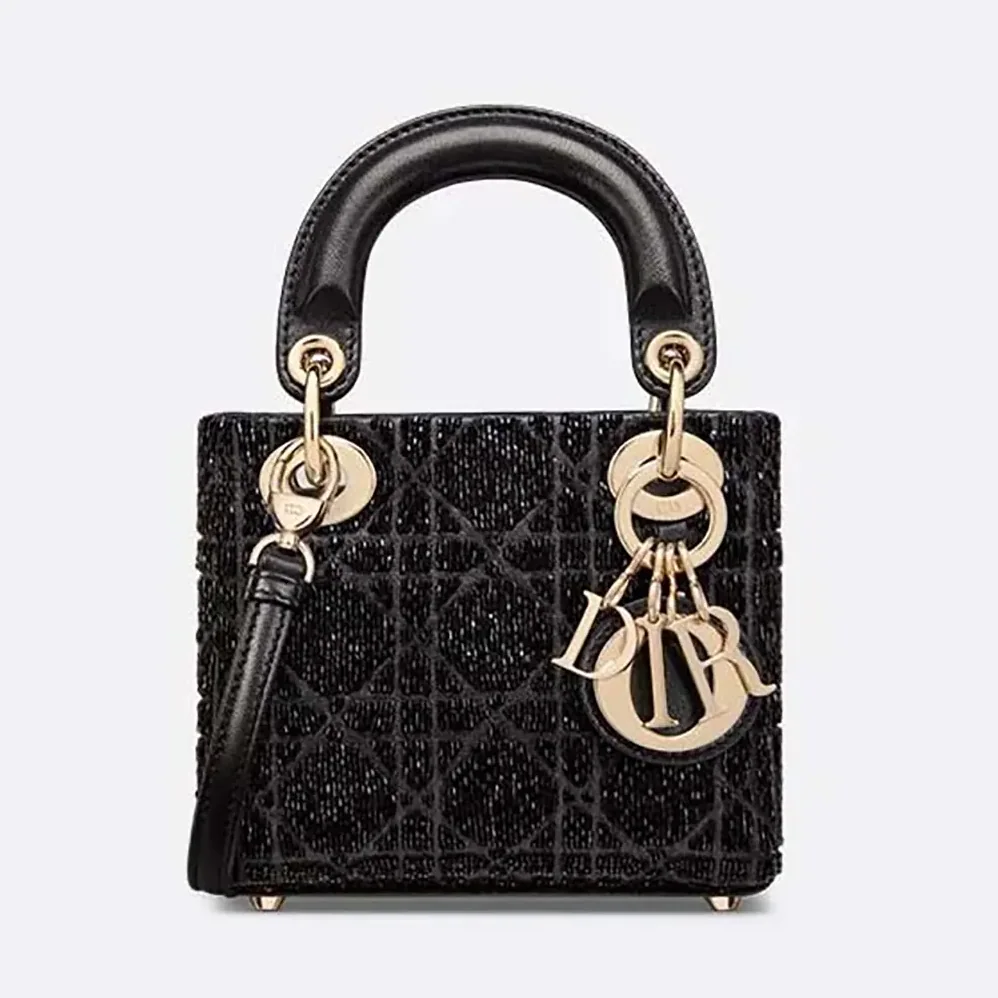 Dior Micro Lady Dior Bag Gray Metallic Cannage Lambskin with Bead Embroidery for Women