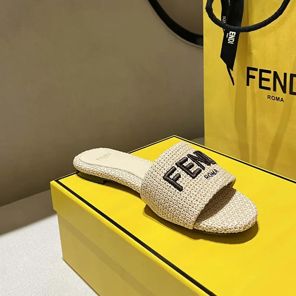 Fendi Signature Beige Cotton Fiber Slides for Women Fendi Signature Beige Cotton Fiber Slides for Women
