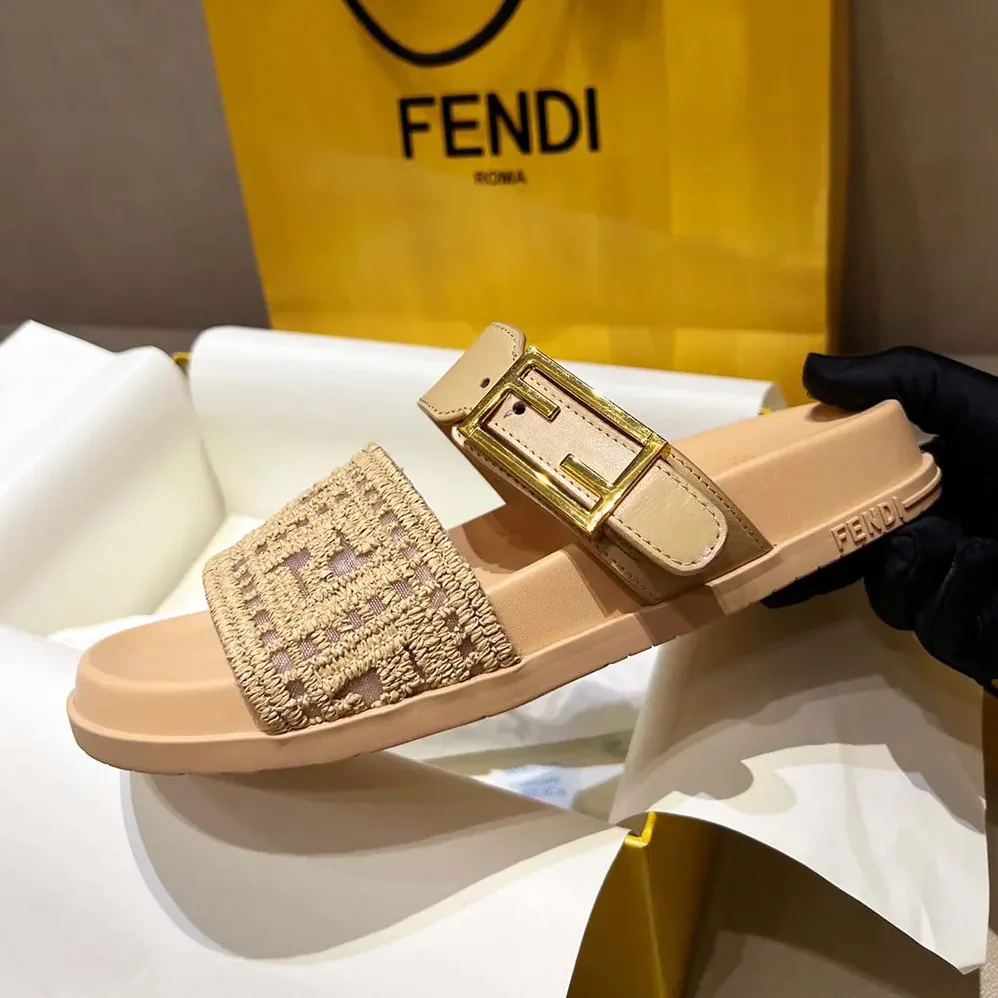 Fendi Feel Mesh Slides with Raffia FF Embroidery for Women