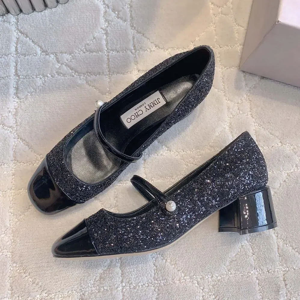 Jimmy Choo Elisa 45 Black Leather Glitter Pumps for Women Jimmy Choo Elisa 45 Black Leather Glitter Pumps for Women