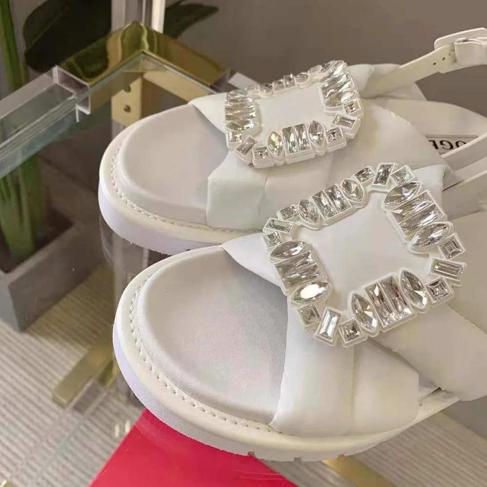 Roger Vivier Viv Winter Strass Buckle Sandals in Technical Fabrics for Women in White Roger Vivier Viv Winter Strass Buckle Sandals in Technical Fabrics for Women in White