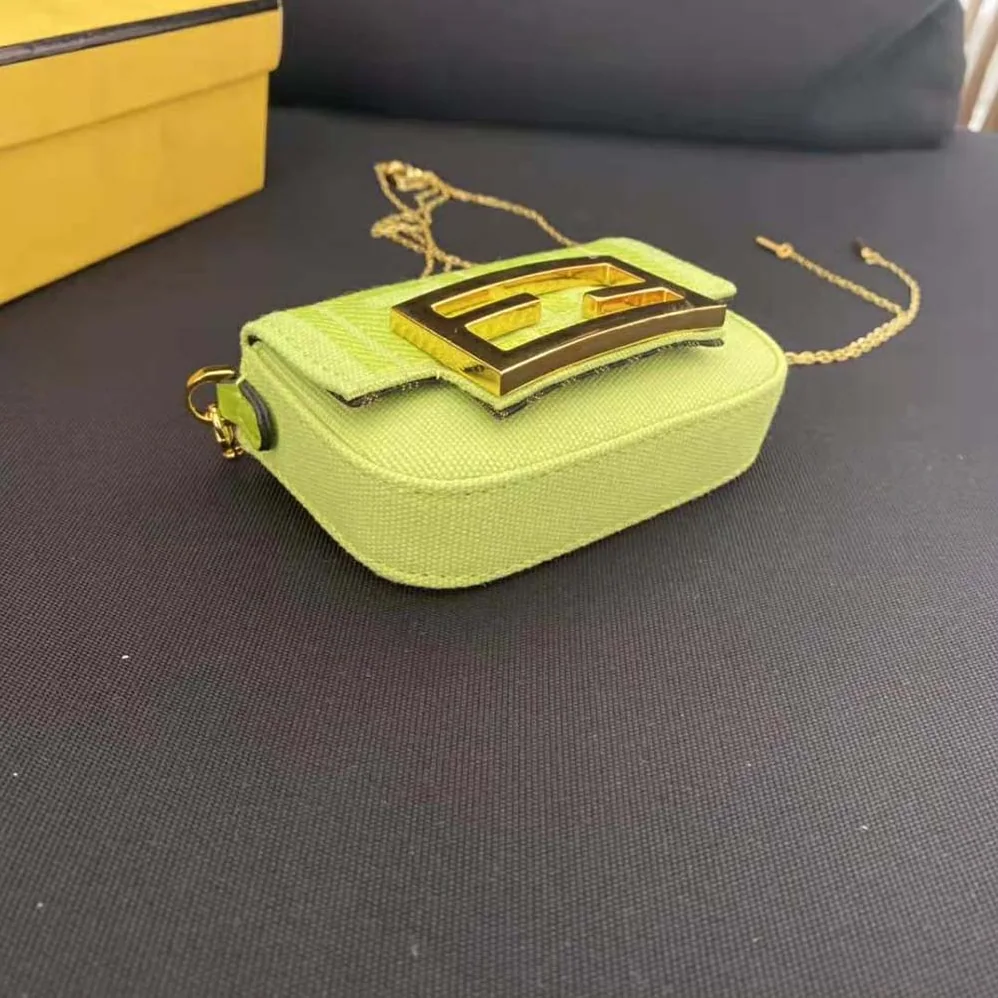 Fendi Nano Baguette Charm Acid Green Canvas Charm with FF Embroidery for Women
