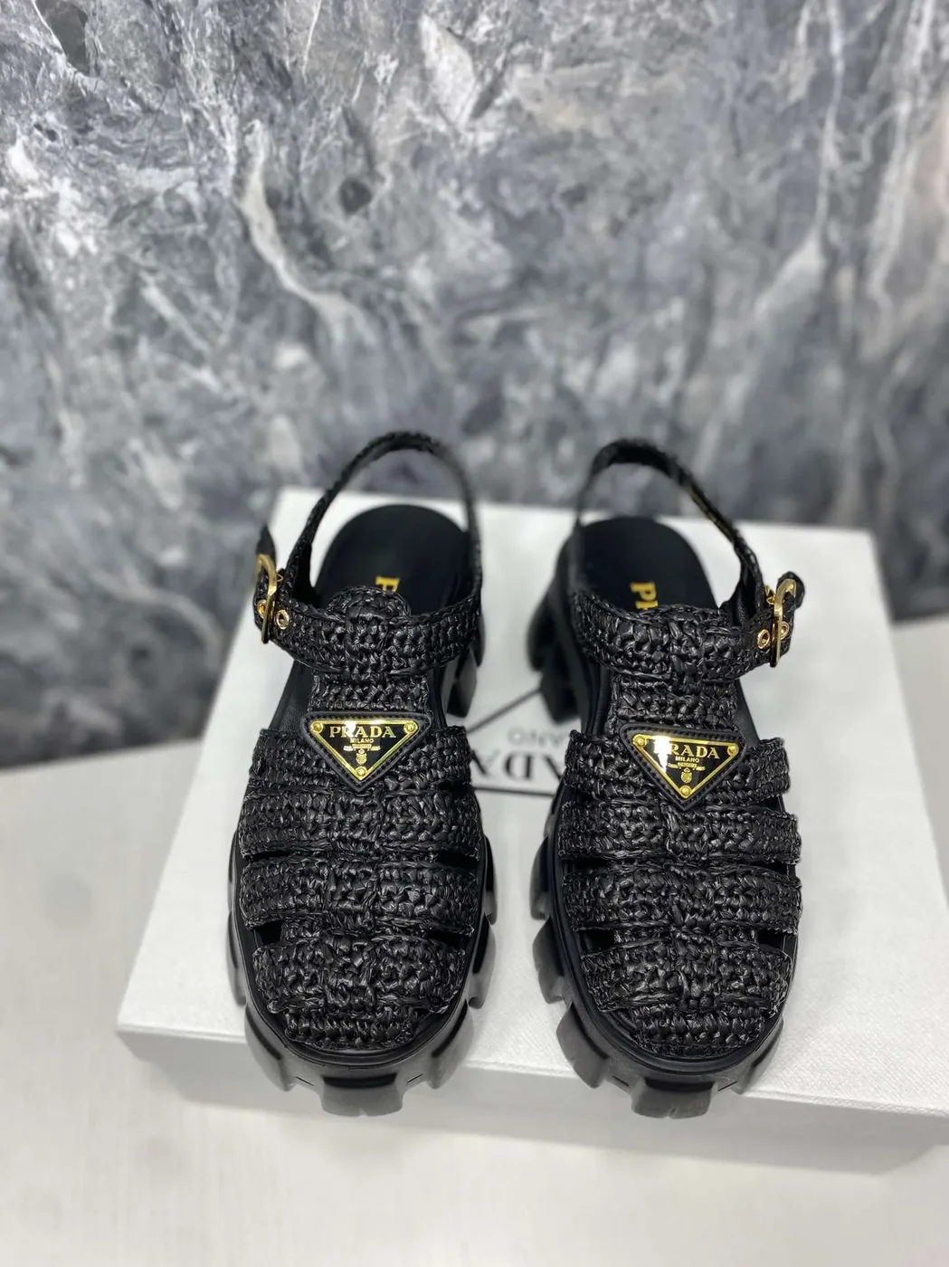Prada Monolith Crochet Cage Sandals Black Prada Monolith Crochet Cage Sandals Black