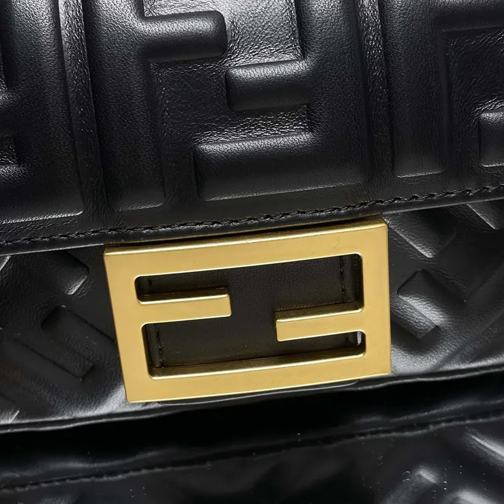 Fendi Baguette Mini Black Nappa Leather Bag with FF Motif for Women Fendi Baguette Mini Black Nappa Leather Bag with FF Motif for Women