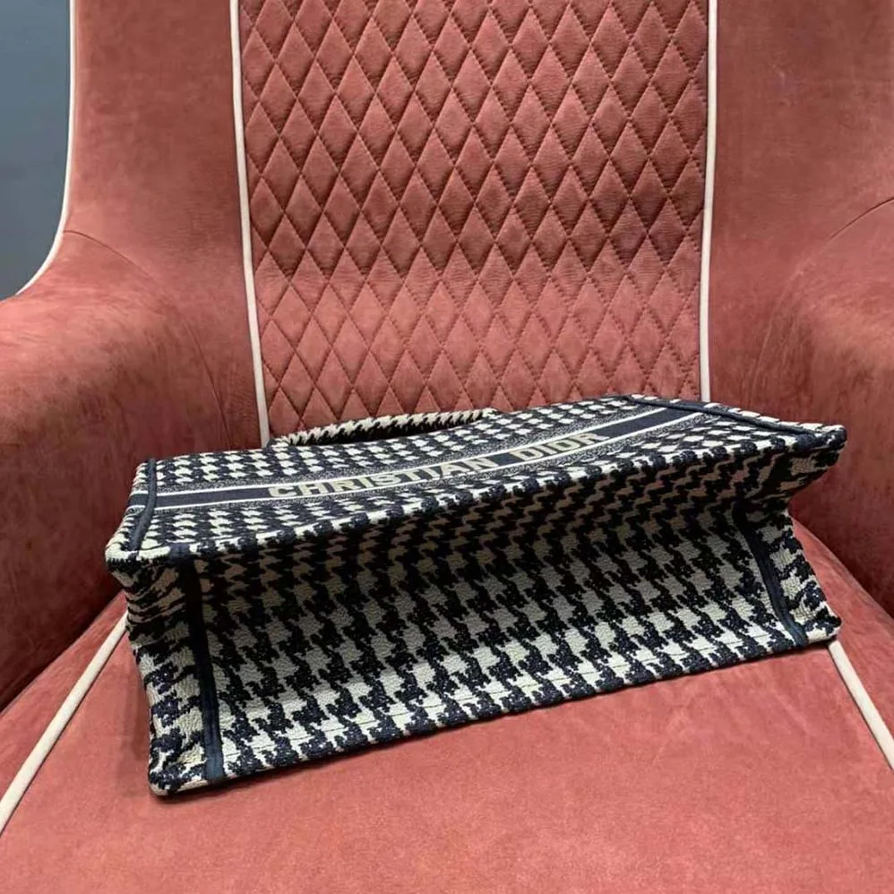 Dior Small Dior Book Tote Black Houndstooth Embroidery for Women