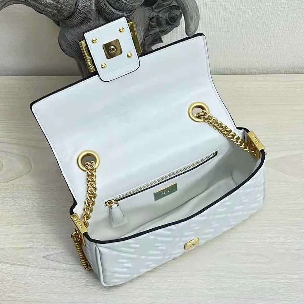 Fendi Baguette Chain Midi Light Gray Leather Bag for Women in White